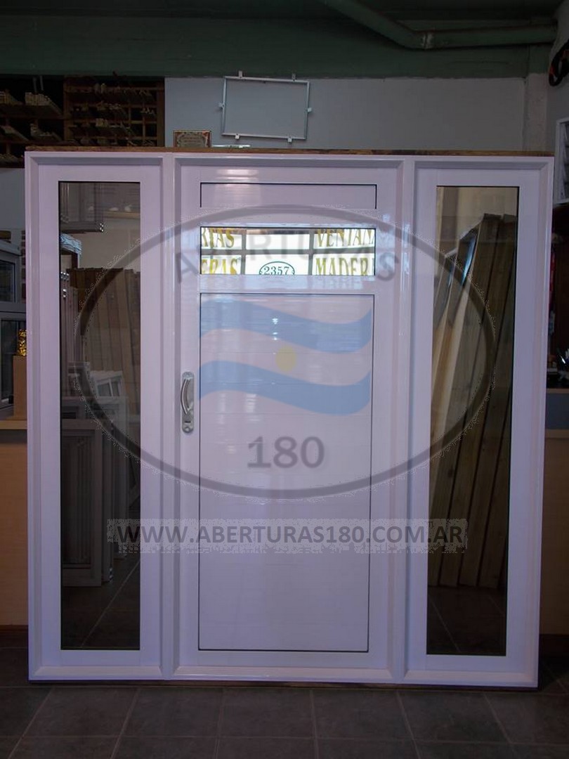Puerta aluminio de 36 modelo "M" 0.90 X 2.00 c/ vidrio esp. + 2 ventanas de abrir laterales de 0.50 X 2.00 c/ vidrio esp..